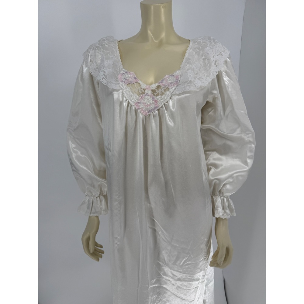 Vintage Lily Stevens White Satin Nylon Nightgown Lace Bishop Sleeve XL 1X 1980s
